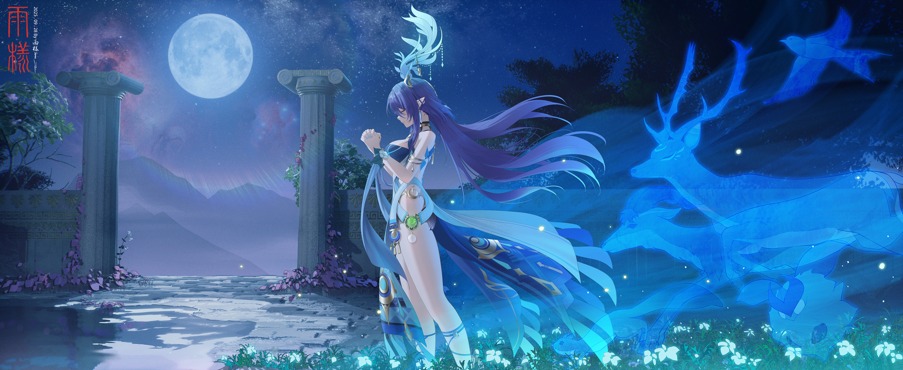 月夜下的少女与发光的蓝鹿