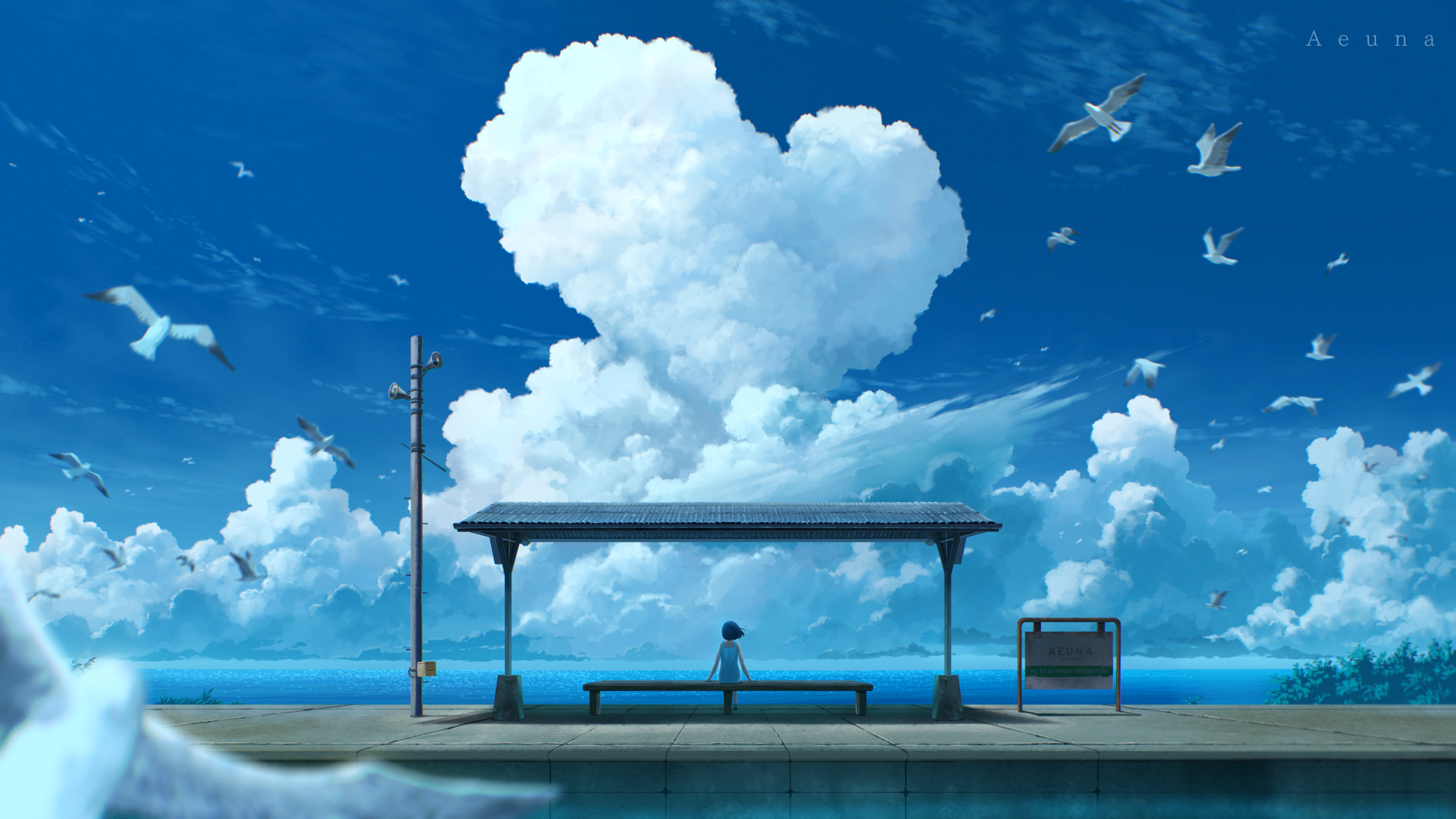 海边车站，心形积雨云与海鸥